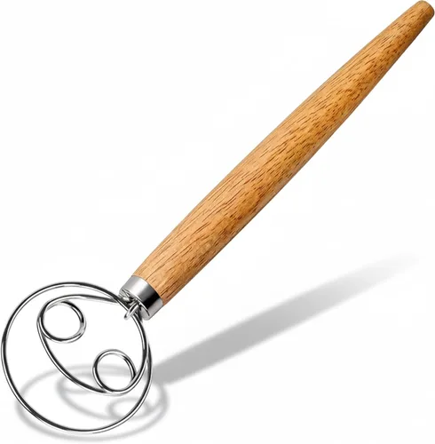 Vista 12 de Maxjoy - Batidor de masa danesa de acero inoxidable con mango de madera, gancho holandés para masa de pan de masa madre, herramienta de mezcla