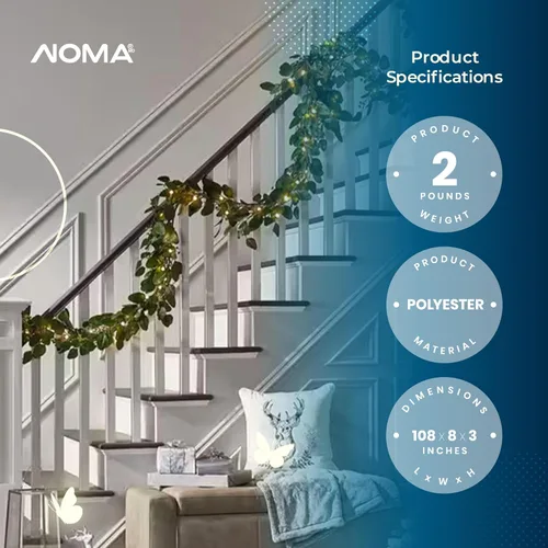 Vista 3 de NOMA Guirnalda de Navidad de eucalipto flocada con luces LED preiluminadas de 9 pies con luces que funcionan con pilas, 35 luces blancas cálidas