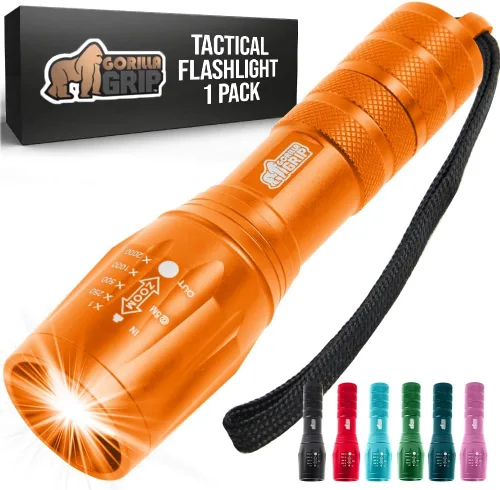 Vista 14 de Gorilla Grip Paquete de 2 linternas tácticas LED de mano, altos lúmenes, ultra brillantes, 5 modos, resistente al agua de larga duración, linternas