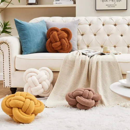 Vista 4 de Xiashrk - Almohada de nudo en forma de bola, almohadas decorativas suaves de 12" para sofá, cama, almohada de lujo en tono marfil blanco con nudo
