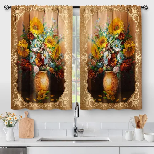 Vista 16 de Aimego Cortinas de Cocina de Eucalipto Primaveral - Hojas de Plantas de Acuarela Floral Azul con Cortinas de Nivel Botánico Floral para Cafetería