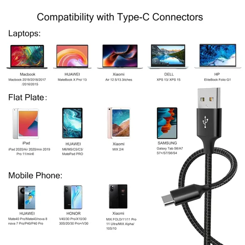 Vista 7 de Cable USB tipo C, paquete de 5 (3/3/6/6/10 pies), cable USB C trenzado de nailon de carga rápida, compatible con Samsung Galaxy S9 S8 Note 9 Note 8