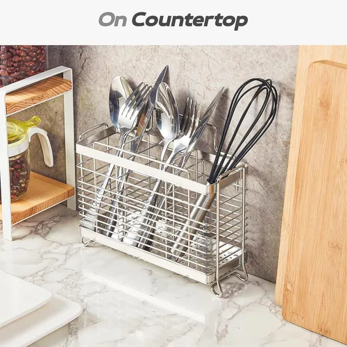 Vista 2 de KESOL Soporte para utensilios de acero inoxidable, estante de secado de utensilios con 3 compartimentos divididos, cesta de secado de utensilios
