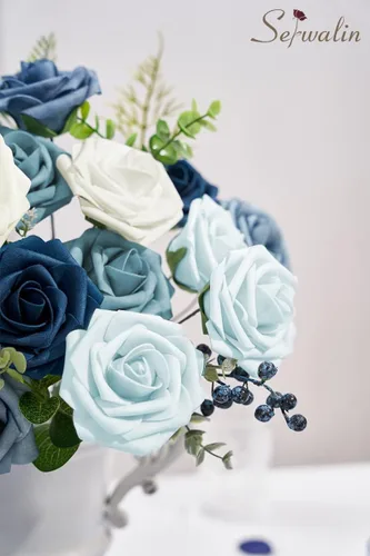 Vista 8 de Serwalin Flores artificiales, 25 unidades, rosas falsas con tallos para ramos de boda, centros de mesa de despedida de soltera, arreglos florales