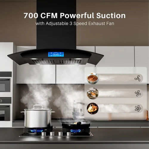 Vista 2 de FIREGAS Campana extractora negra para isla de 30 pulgadas, campana extractora de cocina para isla de 700 CFM con control táctil y por gestos