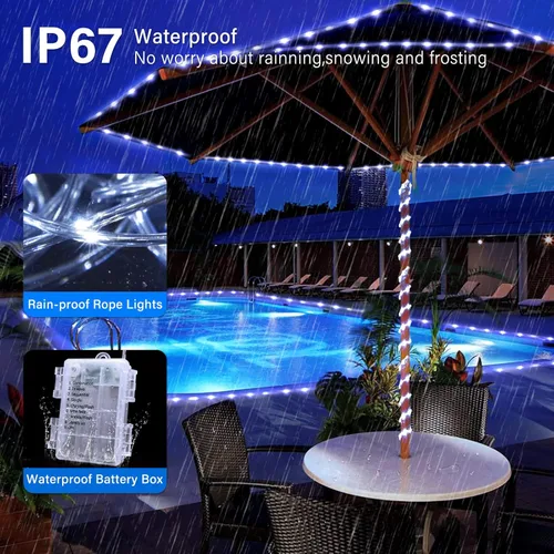 Vista 7 de JMEXSUSS Paquete de 2 luces de cuerda a pilas para exteriores, impermeables, cada una de 33 pies, 100 luces LED blancas de Navidad con control