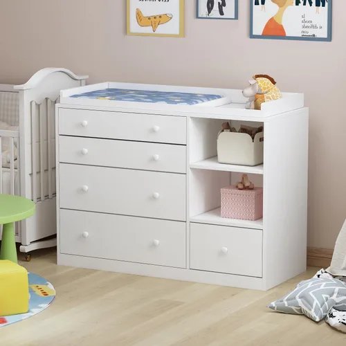 Vista 3 de AIEGLE Cómoda de bebé para guardería, cómoda de dormitorio blanca con 5 cajones y estantes de almacenamiento, cómoda de madera para almacenamiento