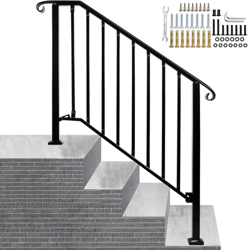 Vista 12 de Pasamanos ajustables para escalones al aire libre, pasamanos #2 para 2 o 3 escalones, pasamanos de hierro forjado mate, riel de escalera con kit