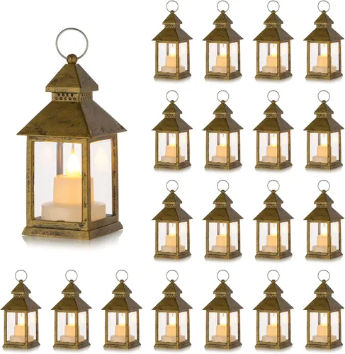 Vista 10 de Romadedi Mini faroles decorativos para centro de mesa, 10 faroles pequeños colgantes dorados a granel con velas LED parpadeantes para decoración