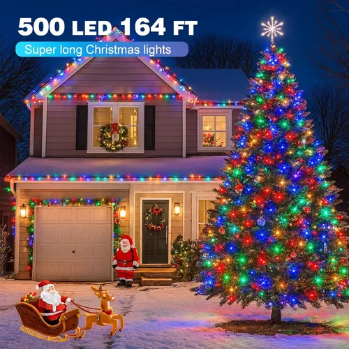 Vista 2 de Luces de Navidad 500 LED de 164 pies, luces impermeables para árbol de Navidad con 8 modos, control remoto, 3 temporizadores y función de memoria