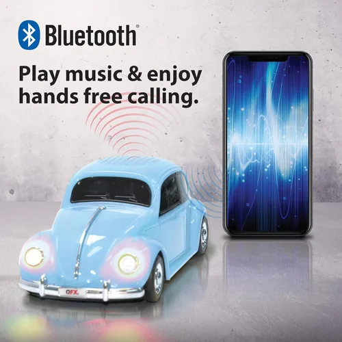 Vista 8 de QFX Bluetooth 1960 Bug Retro Car Replica Altavoz, Altavoces de 3 pulgadas, Enlace Manos Libres, Micrófono Integrado, Radio FM y Luces LED de Fiesta
