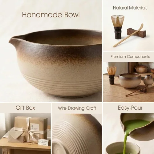 Vista 3 de Juego de batidor de matcha, kit de 5 piezas con cuenco de cerámica matcha, batidor de bambú, cuchara, juego completo de té Matcha perfecto