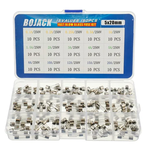 BOJACK 15 Values 150 pcs Fast Blow Glass Fuses Assortment Kit 5x20 mm 250 V 0.1 0.2 0.25 0.5 1 1.5 2 3 4 5 8 10 12 15 20 A packag in a Clear Plastic