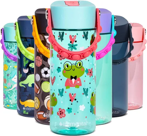 Vista 172 de Elemental Botellas de agua para niños – Botella de agua para niños Splash para la escuela con mango Pop-it – Botella de agua de plástico Tritan sin