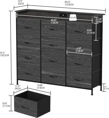 Vista 2 de Cómoda negra con luz LED, 12 cajones con estación de carga, cómoda para dormitorio con 12 cajones de tela para dormitorio, pasillo, entrada