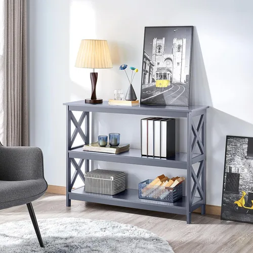 Vista 3 de Yaheetech Soportes de televisión y centros de entretenimiento con estante de almacenamiento de 3 niveles para sala de estar, gris
