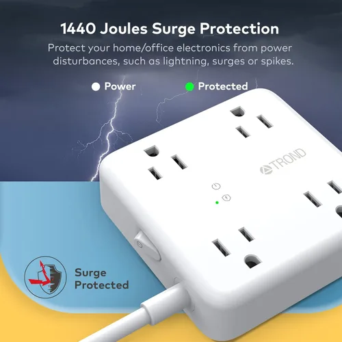 Vista 4 de TROND - Cable de extensión de 15 pies de largo, protector de sobretensiones de enchufe plano, 4 salidas de CA ampliamente espaciadas, 4 puertos USB