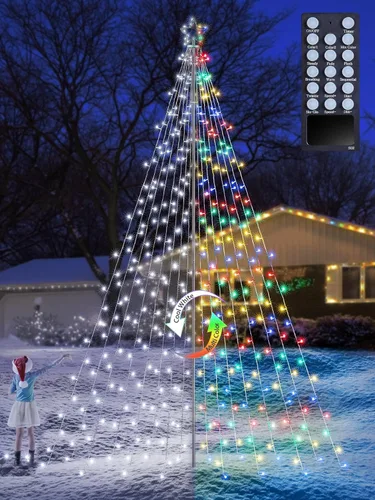 Vista 9 de Tira de luces de estrella para exteriores, juego de poste con control remoto, múltiples modos de iluminación, temporizador y función impermeable