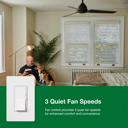 Vista 5 de Lutron Control de ventilador Diva de 3 velocidades, un polo/3 vías, DVFSQ-F-WH, blanco