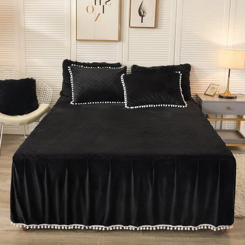 LIFEREVO - Falda de cama de terciopelo con pompones de lujo, falda de cama de terciopelo envolvente, sábana ajustable con diseño de diamantes, falda