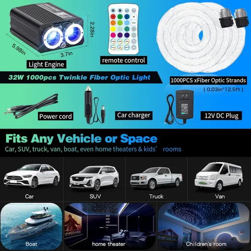 Vista 8 de Twinkle Starlight Headliner Light,32W 1000pcs 13.1ft LED Star - Kit de luz de fibra óptica para techo con aplicación/control remoto