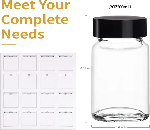 Vista 2 de Glxgow Paquete de 16 botellas de vidrio de 2 oz con tapas y etiquetas negras, botellas de vidrio pequeñas de boca ancha de 60 ml para jengibre