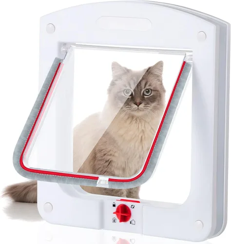 Saintrygo Puerta para gatos de 4 vías con bloqueo giratorio para interior y exterior, resistente a la intemperie, puertas de mascotas para gatos y
