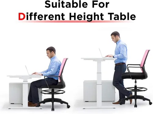 Vista 6 de Silla de redacción alta, silla de oficina ergonómica de malla con respaldo medio con anillo de pie ajustable para escritorio ejecutivo de pie (rosa)