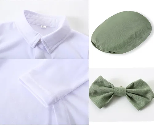 Vista 3 de Kimocat Conjunto de ropa de mezclilla para bebés y niños pequeños con corbata de moño y botones a cuadros