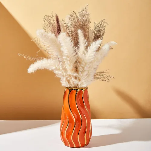 Vista 4 de Jarrón de cerámica, jarrón naranja para decoración del hogar, florero decorativo, jarrones de cerámica de rayas verticales para decoración