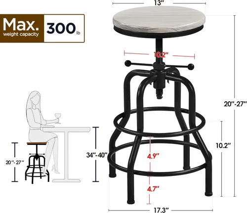 Vista 3 de Yaheetech Taburete de bar industrial vintage, taburete rústico de altura de mostrador, taburete de metal ajustable con asiento redondo de madera