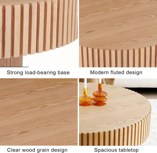 Vista 4 de Mesa de centro redonda acanalada de 31.49 pulgadas para sala de estar, mesa de café moderna de mediados de siglo con pedestal resistente, mesa