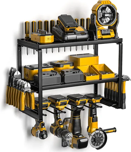 Spampur Organizador de herramientas eléctricas, soporte de pared, estante de almacenamiento de 3 capas con 4 soportes para taladro, estante de