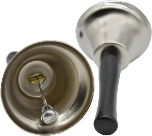 Vista 4 de Maydahui 2 campanas de mano para cena, de acero plateado, cascabeles de Navidad, para bodas, eventos, decoración, alarma, interior, aula, línea