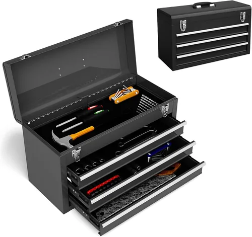 Vista 9 de ERGOMASTER Caja de herramientas portátil, caja de herramientas de metal de 20.5'' con 3 cajones, cofre de herramientas de almacenamiento resistente