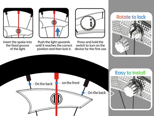Vista 5 de Luces de rueda de bicicleta, luces de rueda de bicicleta para conducción nocturna, luz de radios de bicicleta con visibilidad de 360°, detección