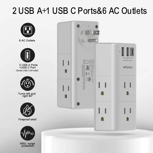 Vista 2 de Protector de Sobretensiones de Múltiples Tomas de Corriente - YISHU Extensor de Salida con Enchufe Giratorio, 6 Salidas de CA y 3 Puertos USB