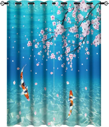 Vista 46 de Cortinas retro de pez japonés para dormitorio, estilo rústico, asiático, japonés, flor de cerezo, aislamiento térmico, oscurecimiento