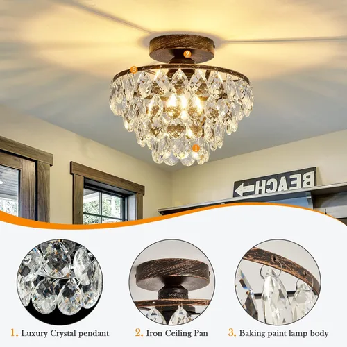 Vista 3 de Modern Celing Light Crystal Chandelier,Semi Flush Mount Small Oil Rubbed Bronze,Mini E26 Ceiling Lamp for Hallway Bedroom Bathroom Closet