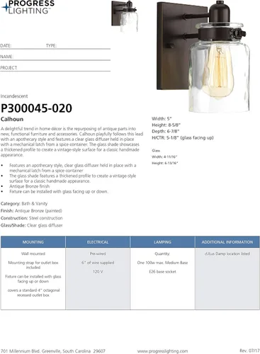 Vista 19 de Progress Lighting P300045-020 Calhoun Collection - Lámpara de tocador de baño de cristal transparente, 1 luz, bronce antiguo
