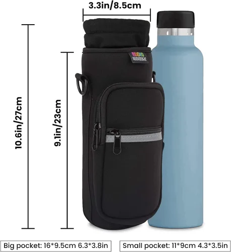 Vista 3 de Bolsa para botella de agua Nuovoware, soporte para botella de agua de 25oz/40oz/64oz, correa de mano ajustable, 2 bolsillos de neopreno, accesorios