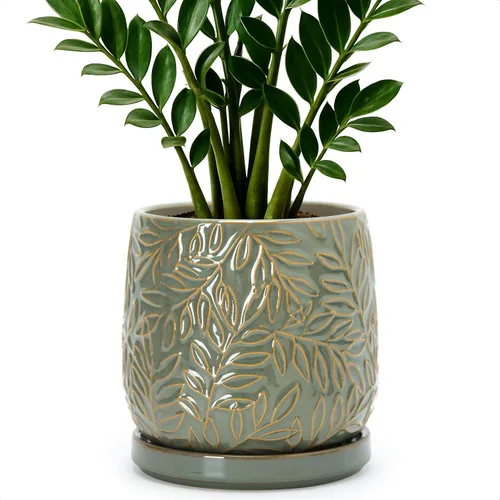 Vista 31 de D'vine Dev Maceta de cerámica con hojas en relieve de 4 pulgadas con orificio de drenaje y platillo, azul grafito, 27-A-Z-9