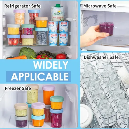 Vista 6 de DRKIO Paquete de 6 recipientes de vidrio para almacenamiento de alimentos para bebés - tarros de comida para bebés de 4 y 8 onzas con tapas