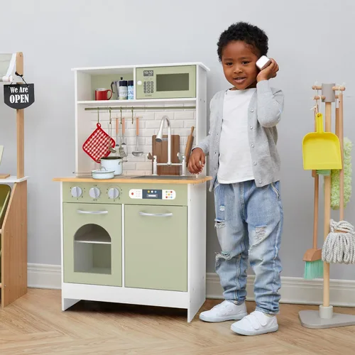Vista 2 de Teamson Kids Little Chef - Juego de cocina de madera, color verde y blanco Verde oliva