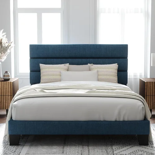 Vista 17 de Allewie Base de cama de plataforma tamaño Queen con cabecera tapizada de terciopelo y soporte de listones de madera, base de colchón completa,