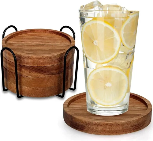 4 posavasos de madera de granja con soporte, lindo juego de posavasos de madera para bebidas al aire libre, decoración del hogar, decoración de mesa