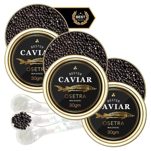 Vista 11 de BESTER CAVIAR Caviar de esturión Osetra prémium – Huevas negras de Malossol Ossetra cosechadas tradicionalmente con cuchara de nácar – Lata