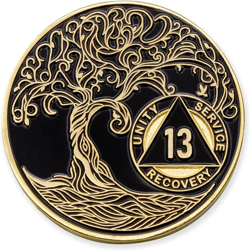 Vista 109 de 1 año Sobriety Mint Twisted Tree of Life Medallón de recuperación AA chapado en oro, chip/ficha - negro