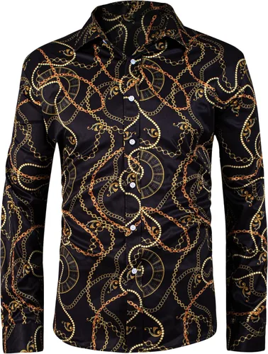 MAONVLANG Camisas de vestir para hombre, color negro y dorado, con cadena de lujo, estampado barroco, manga larga, casual, con botones, Buchona
