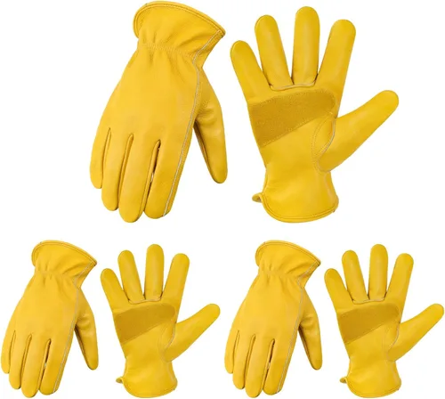 Vista 9 de DULFINE Cowhide Leather Work Gloves for Men & Women, Reinforced Durable Gardening Gloves, Puncture & Cut Resistant